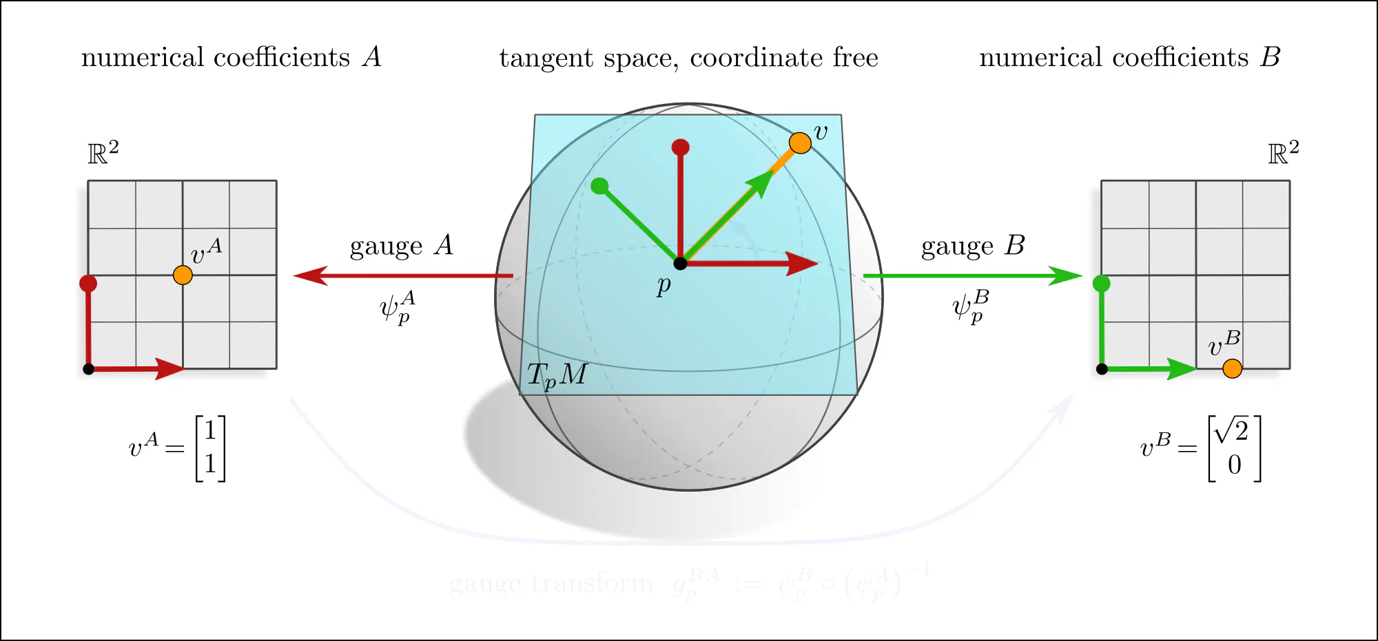 Gauges as coordinate representations of a single tangent space TpM, slide 3