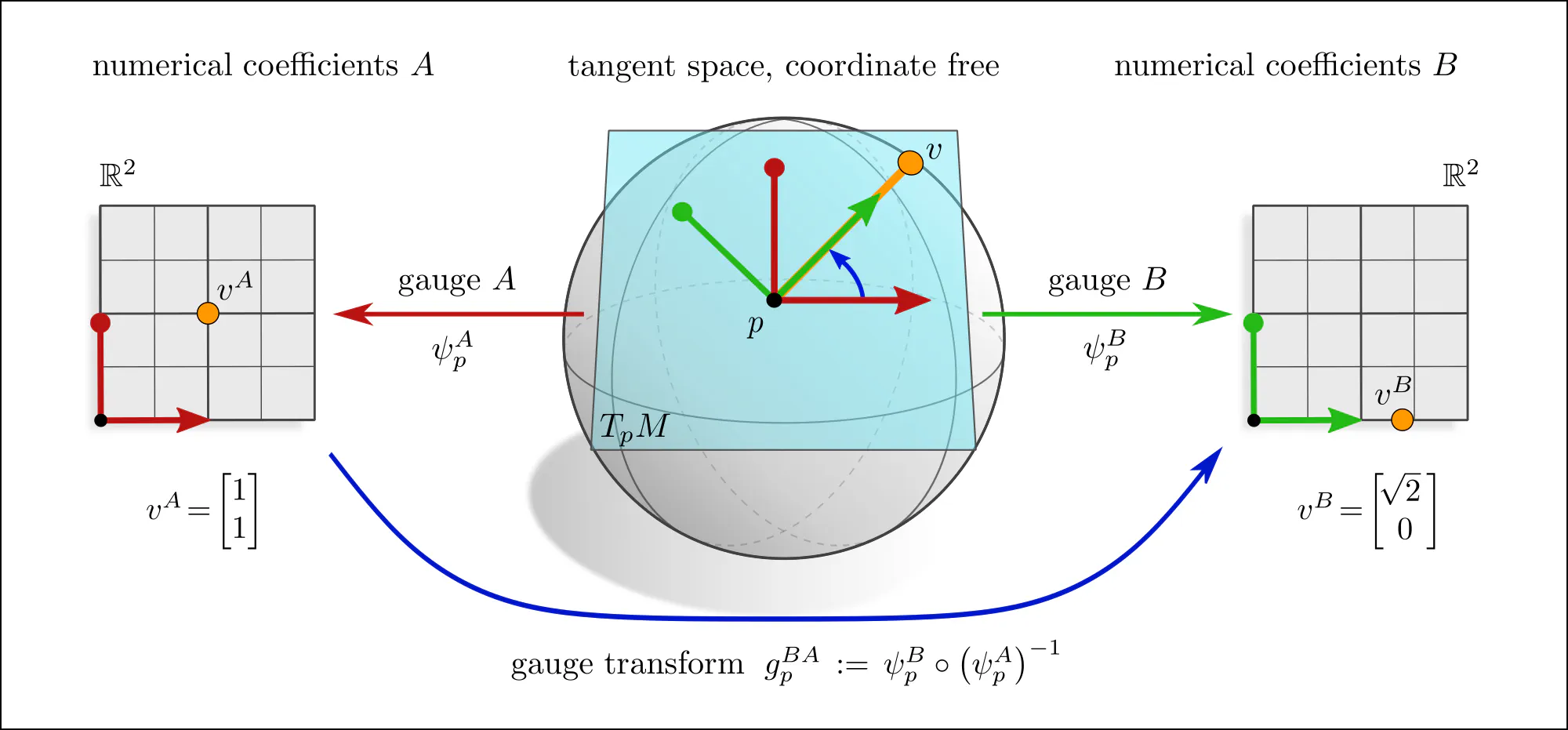 Gauges as coordinate representations of a single tangent space TpM, slide 4