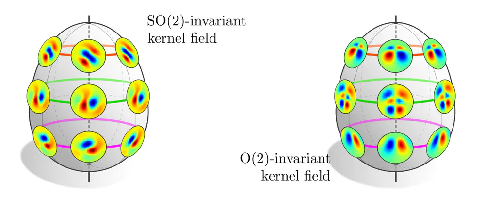Isometry invariant kernel fields on an egg-shaped manifold.